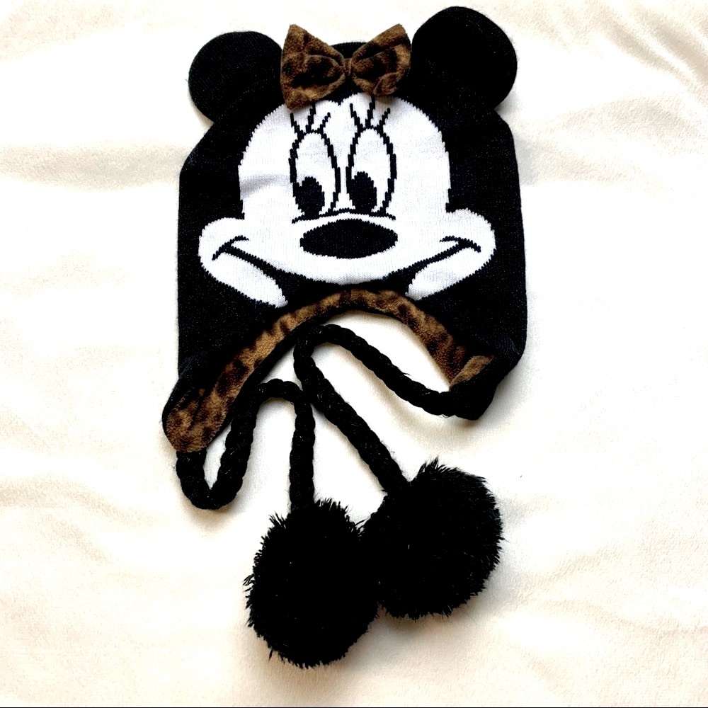Walt Disney Mini Mouse Face with ears black white & Leopard print fleece Beanie - Picture 15 of 16